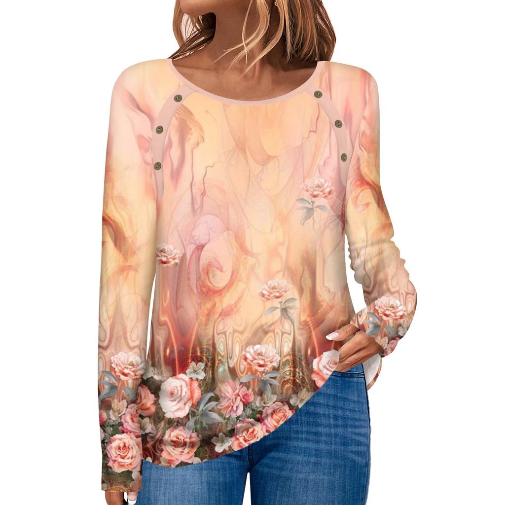 Women's Fashion Casual Round Neck Long Sleeve Floral Print Button Decorated T-Shirt Top