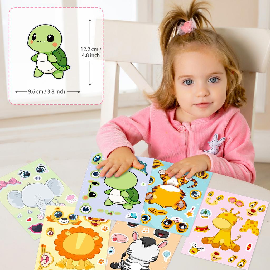 Children Cartoon Animal Stickers Kit 6 Sheets Face Make-a- Decals ideal for Notebook Phone Laptop Stationery Decor Gifts Ideal For Kids