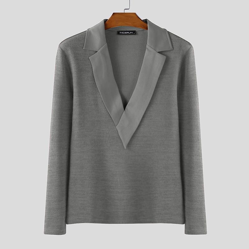 

INCERUN Men V Neck Patchwork Long Sleeve Rib Stretch Pullovers 4XL сірий колір