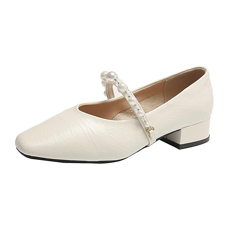 Popular French pearl Mary Jane shoes 2025 spring new fairy with skirt soft sole square head light mouth thick heel single shoes