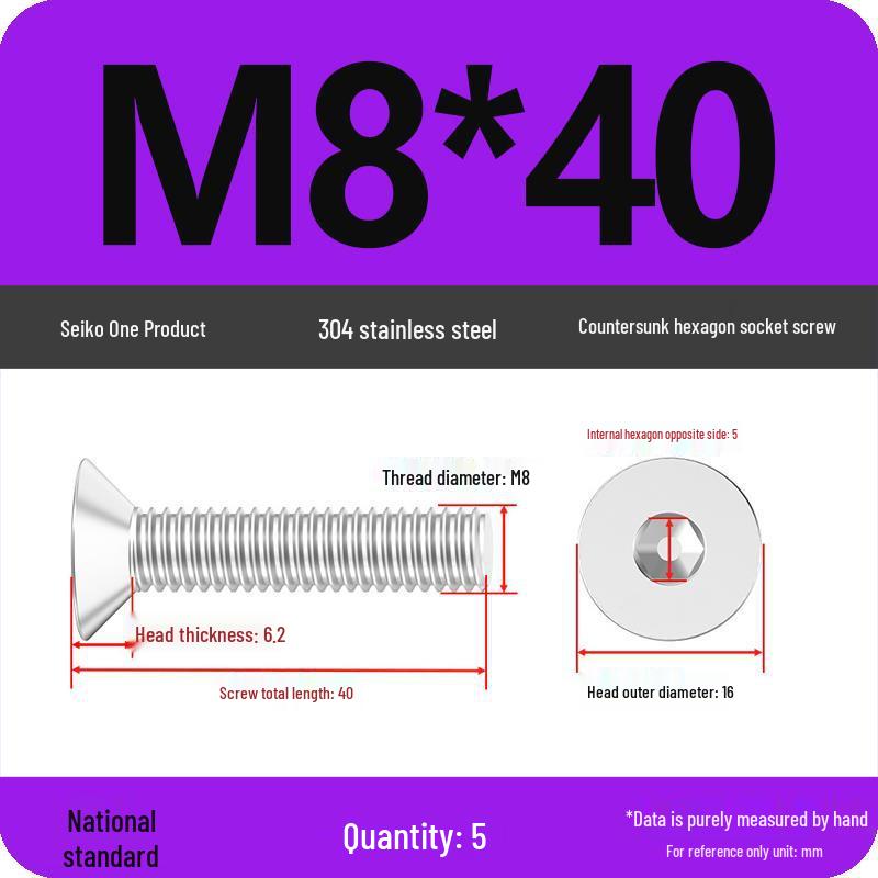 M2-M10 Stainless Steel Flat Head Machine Screws and Bolts Set, Countersunk Hex Socket Cap, 304 Grade.