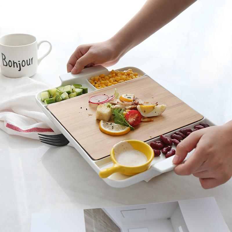 12.6 Inch White Ceramic Divided Plate With Bamboo Cutting Board Slimming Diet Meal Plate Dish Dinner Serving Plate