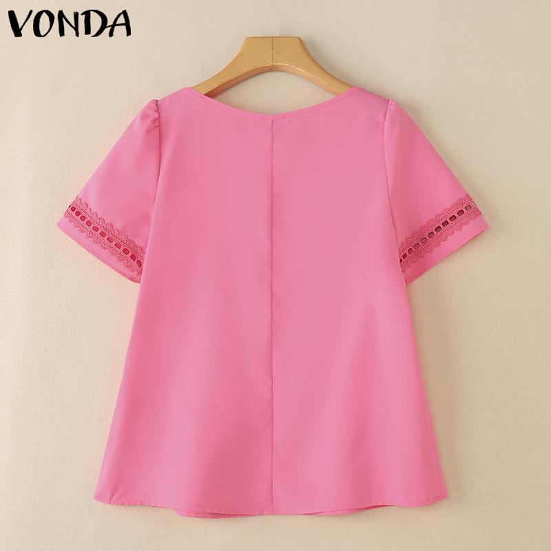 VONDA Women Short Sleeve Blouse Casual Lace Crochet Hem Hollow Tops