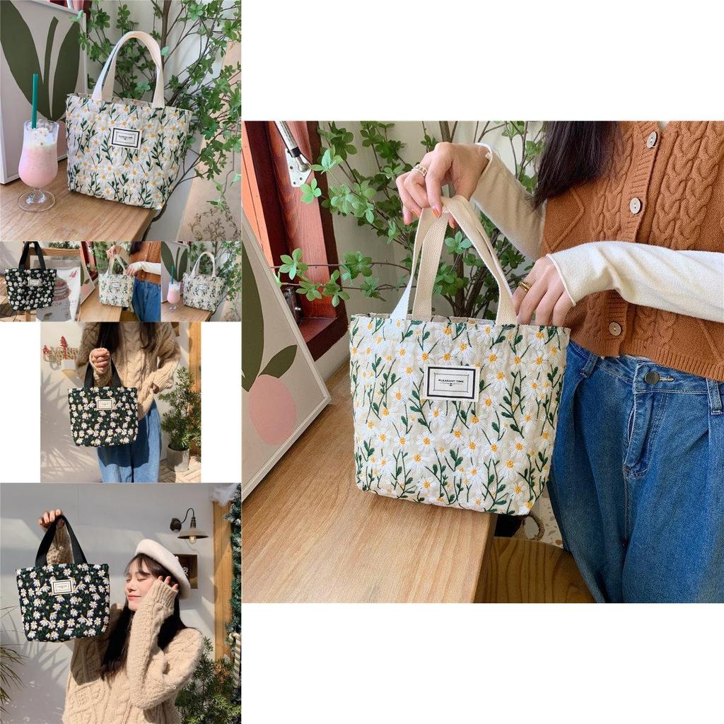 Elegant Embroidered Daisy Floral Handbag Soft Cotton Linen Tote Bag For Moms