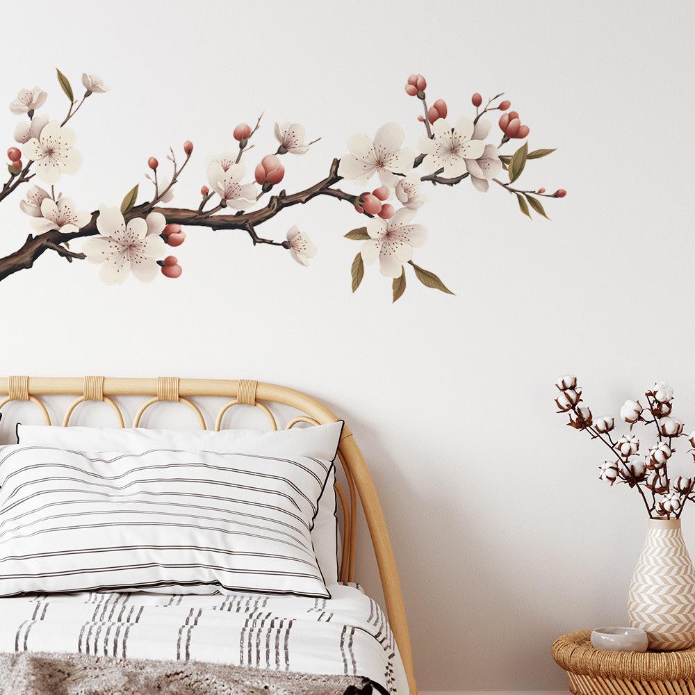 Selbstklebender Wandaufkleber mit Aquarellblumenzweig und Vogelmotiv für Schlafzimmer, Kopfteil oder Arbeitszimmer