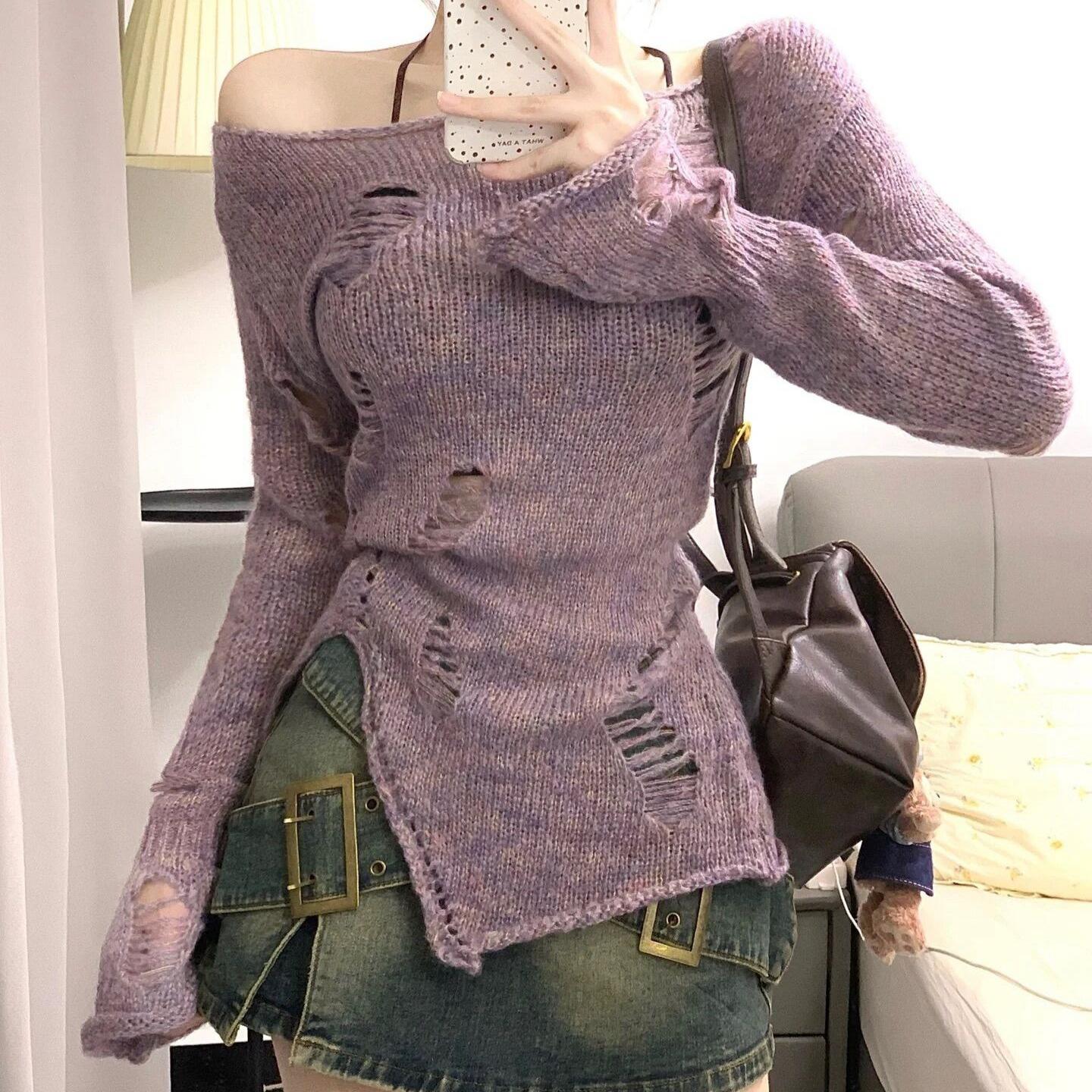 Arctic velvet washing water Spice Girl hollowed out purple knitted sweater women s blouse irregular autumn and winter with a word shoulder one size fits all фиолетовый 1890₽
