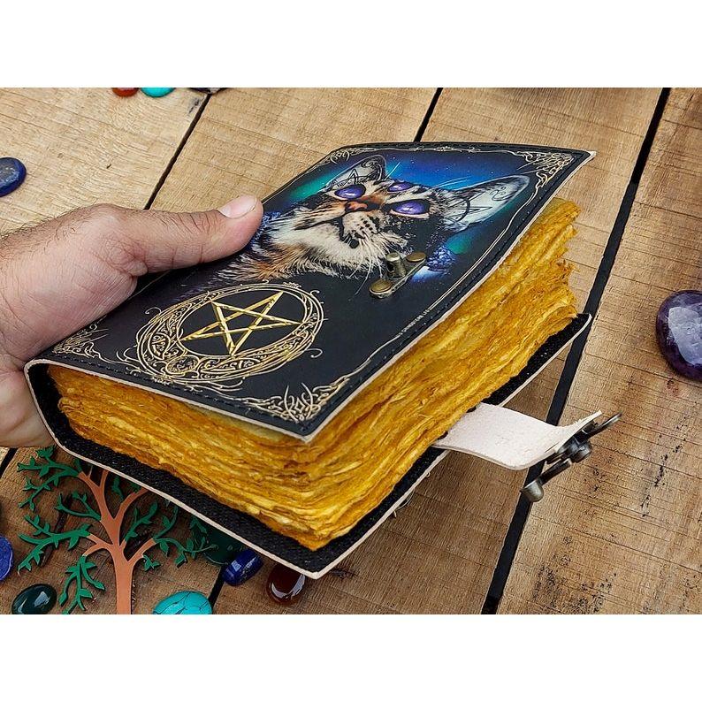 Leather Journal Spell Wizard Cat Book Blank Magik Notebook Book Of Shadows Wiccan Pagan Grimoire Book for Traveling Sketching Best Gift