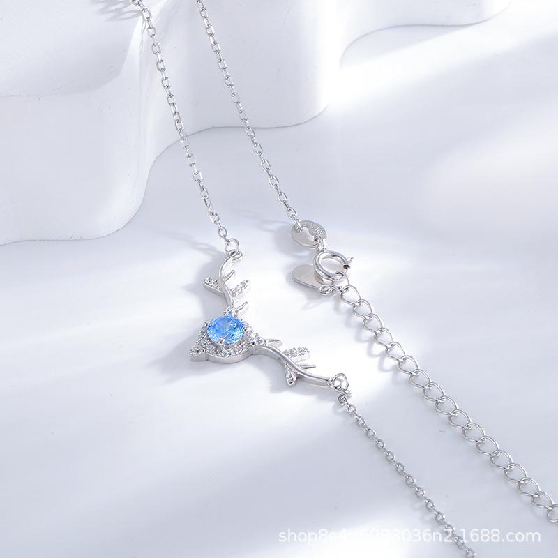Korean Japanese Style Sterling Silver Elk Antler Necklace for Women - Simple, Sweet, and Fashionable Collarbone Chain Jewelry