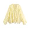 Women's V Neck Long Sleeve Ruffle Chiffon Blouse Loose Fit Lantern Cuff Single Breasted Flowy Shirt Spring Casual Top