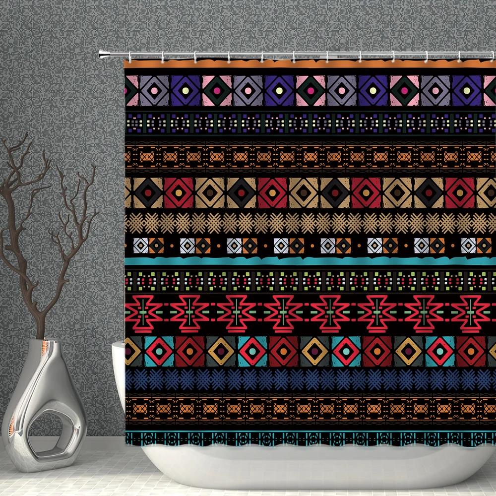 Bohemian Duschvorhang-Set Wasserdichtes Tuch Schwarze Geometrie Fransen Farbig Bedruckte Badevorhänge Mehrere Größen Badezimmer Sichtschutz Dekoration
