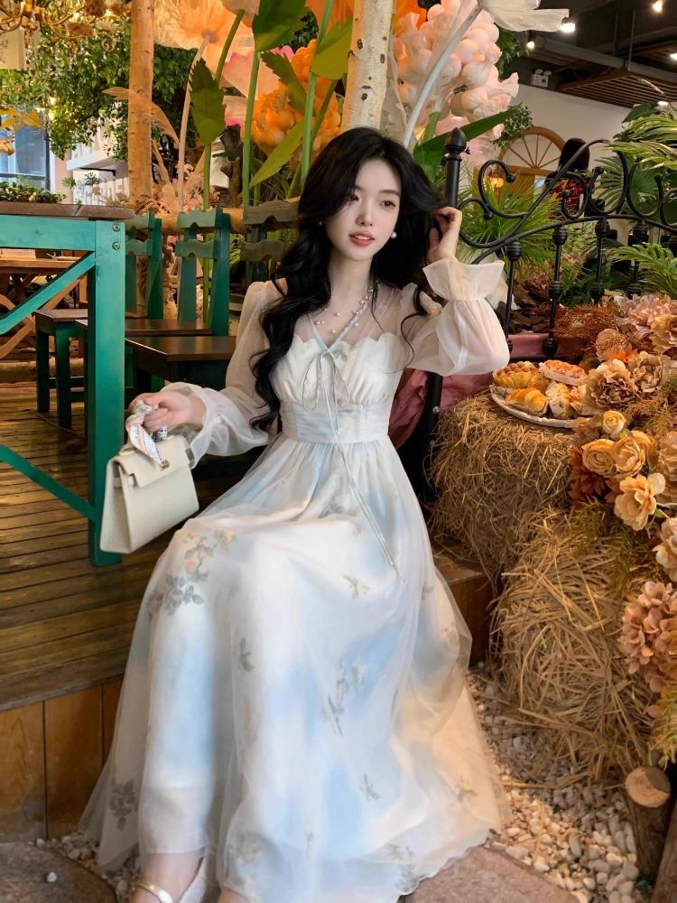 French Gentle Style Floral Dress Women Spring 2025 New High Waist Fairy Long Dresses Fashion Print Design Party Clothes