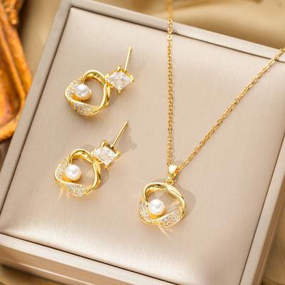 High-End Micro-Insert Zirkon Unregelmäßige Geometrische Imitationsperlen Halskette Ohrring Set für Damen