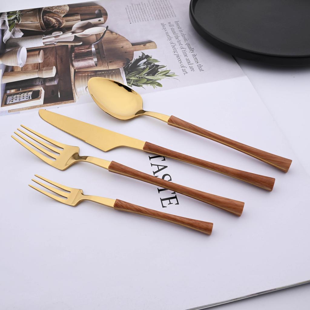 Tableware Dinnerware Set Stainless Steel Knives Forks Spoons with Wood Grain Effect Handle Kitchen Cutlery Flatware Dinner Set