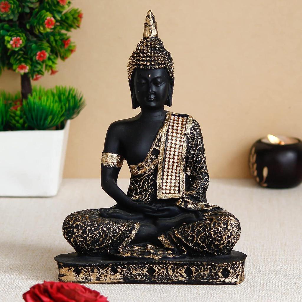 Black Golden Resin Handcrafted Meditating Lord Buddha Idol for Home Decor | Gautam Buddha Statue for Living Room Office Meditation Yoga Spaces