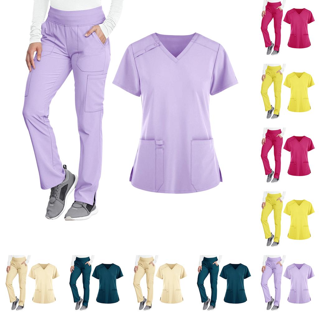 Women's Loose And Comfortable V-neck Short Sleeved Workwear With Top And Beauty Suit Set