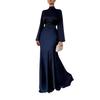 2025 Autumn Women's Retro High-Neck Long Dress with Waist-Cinching Design