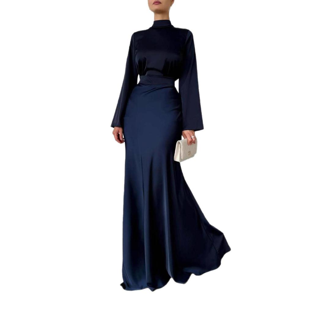 2025 Autumn Women's Retro High-Neck Long Dress with Waist-Cinching Design