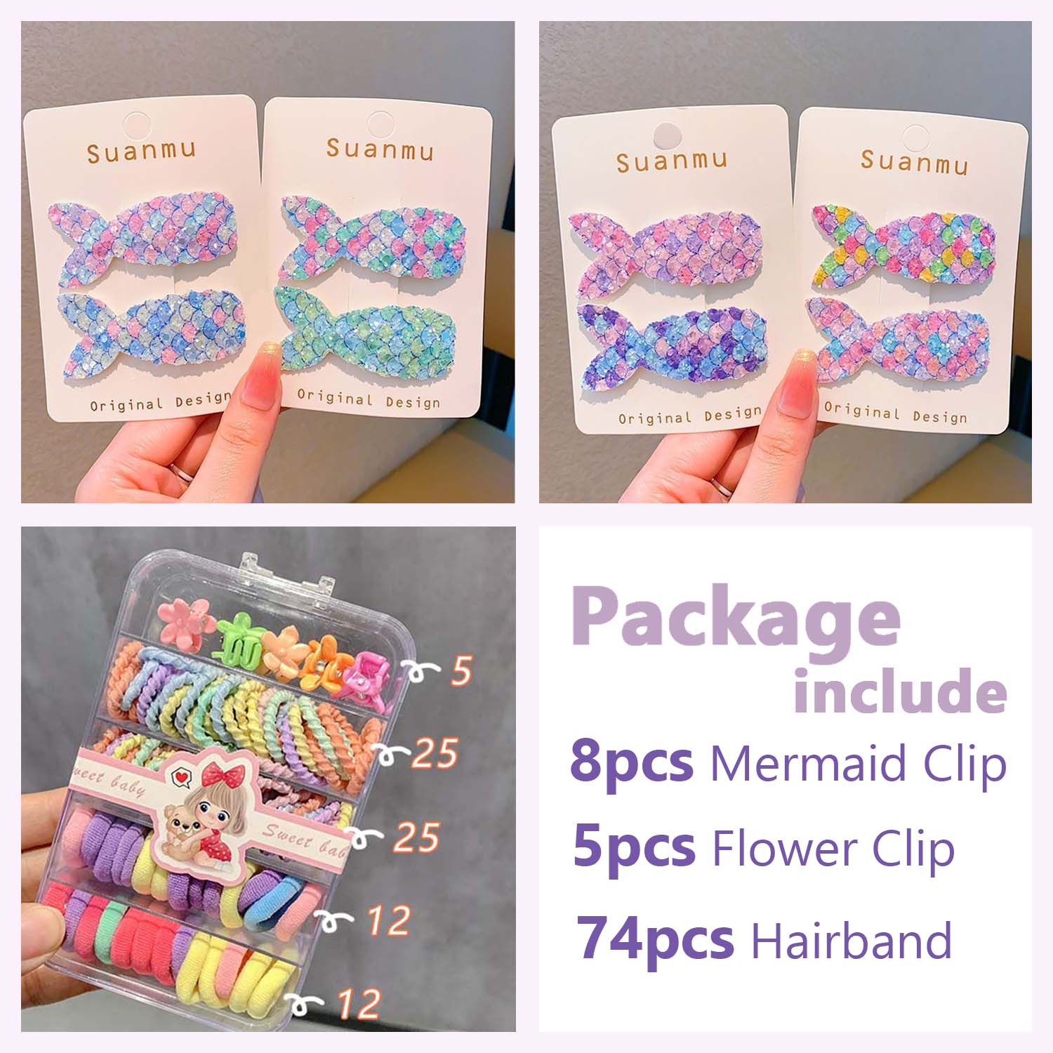 

Набор аксессуаров для волос для маленьких девочек из 87 предметов - набор «Русалочка», заколки-кнопки с блестками, мини-заколки-цветы и резинки для волос для малышей, детей и подростков