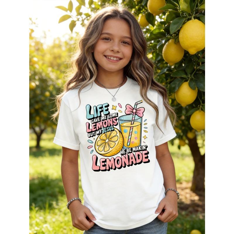 

European sizes Girls Christian Lemonade T-Shirt | Short Sleeve, Crew Neck, Casual Summer Knit Top with Cartoon Pattern 164cm білий