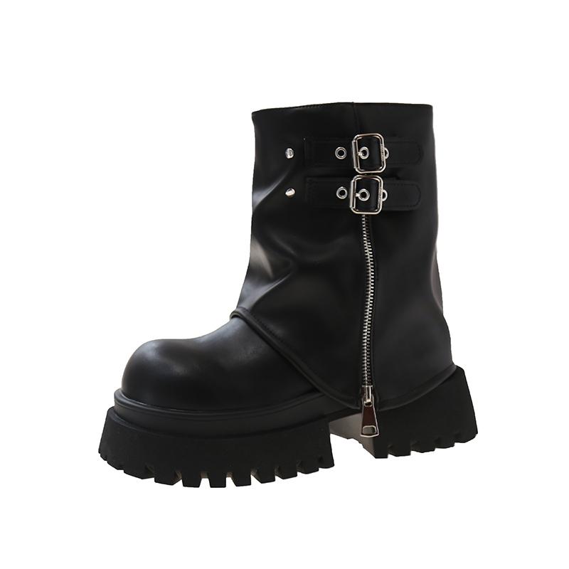 Shoes Female 2024 Hot Sale Mid-Calf Women's Boots Concise Modern Boots Women Belt Buckle Round Toe Med Heel Side Zip Shoes Women