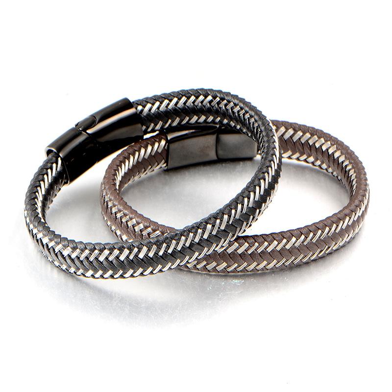 Fashion versatile models, European and American woven leather ropes, simple stainless steel bracelet series