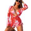 3 Piece Sexy Bikini Set Long Sleeve Sheer Mesh Cover Up Colorful Print Deep V Summer Beach Vacation Bathing Suit Swimwear