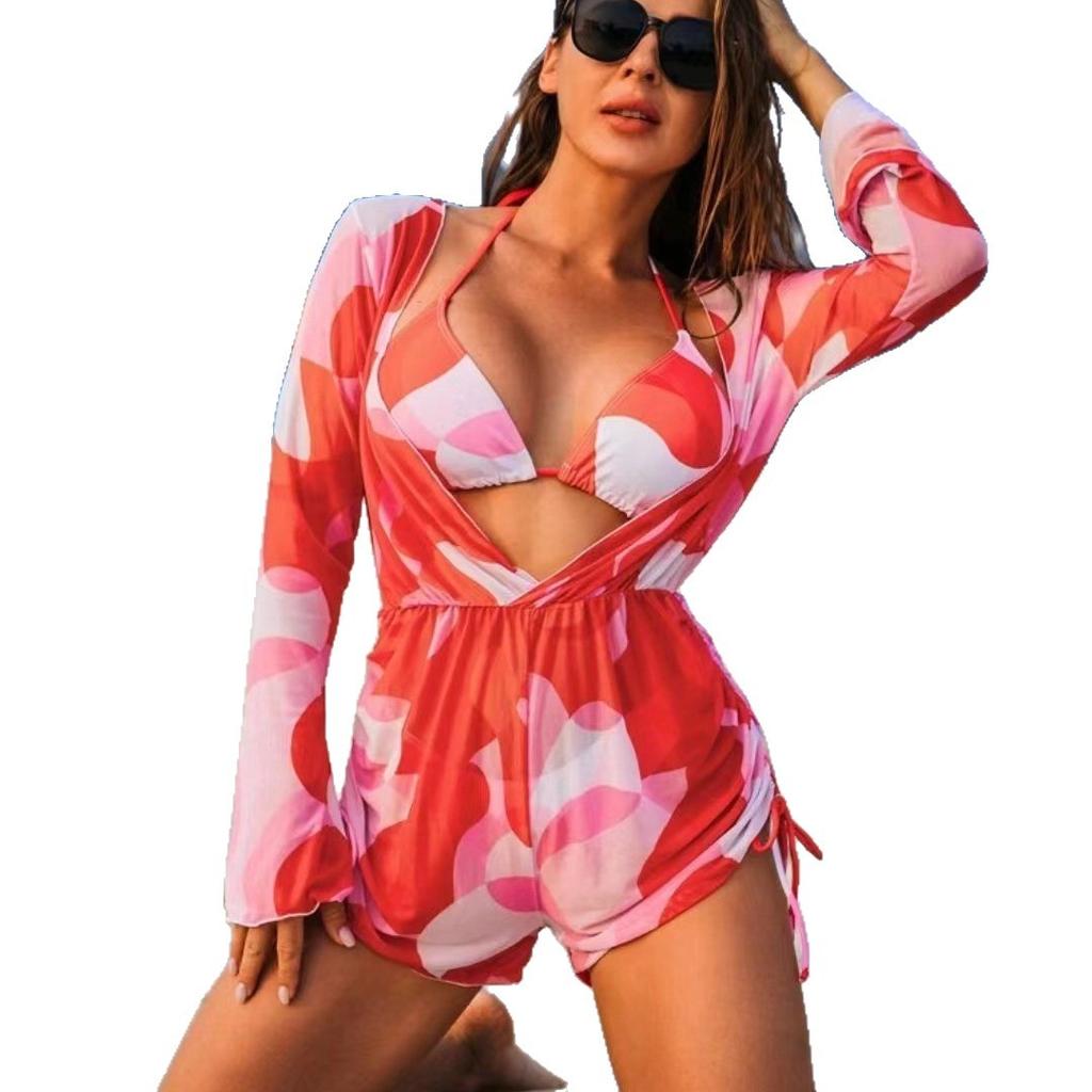 3 Piece Sexy Bikini Set Long Sleeve Sheer Mesh Cover Up Colorful Print Deep V Summer Beach Vacation Bathing Suit Swimwear