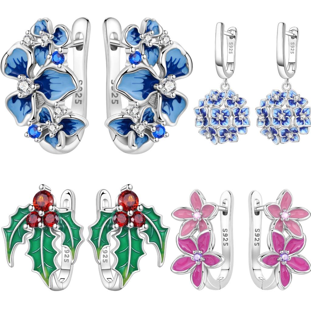Orstarry Original 925 Sterling Silver Blue Iris Flower Earrings Women Hoop Earring Anniversary Jewelry Trendy Gifts