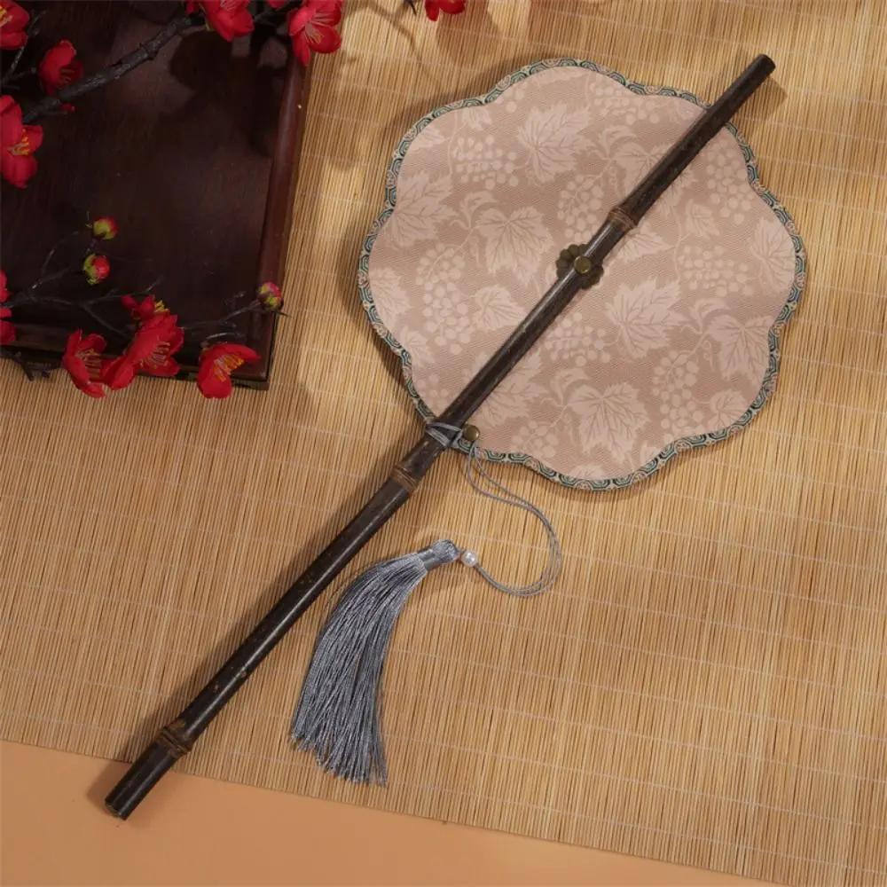 Retro Ancient Style Chinese Bamboo Waist Fan Rollable Foldable Long Handle Fan Decorative Cooling Group Fan Hanfu
