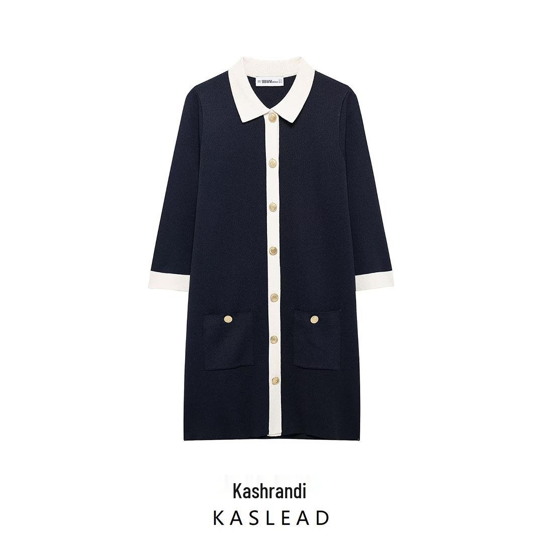 

2025 Spring Women s European & American Style Golden Button Knitted Short Dress S