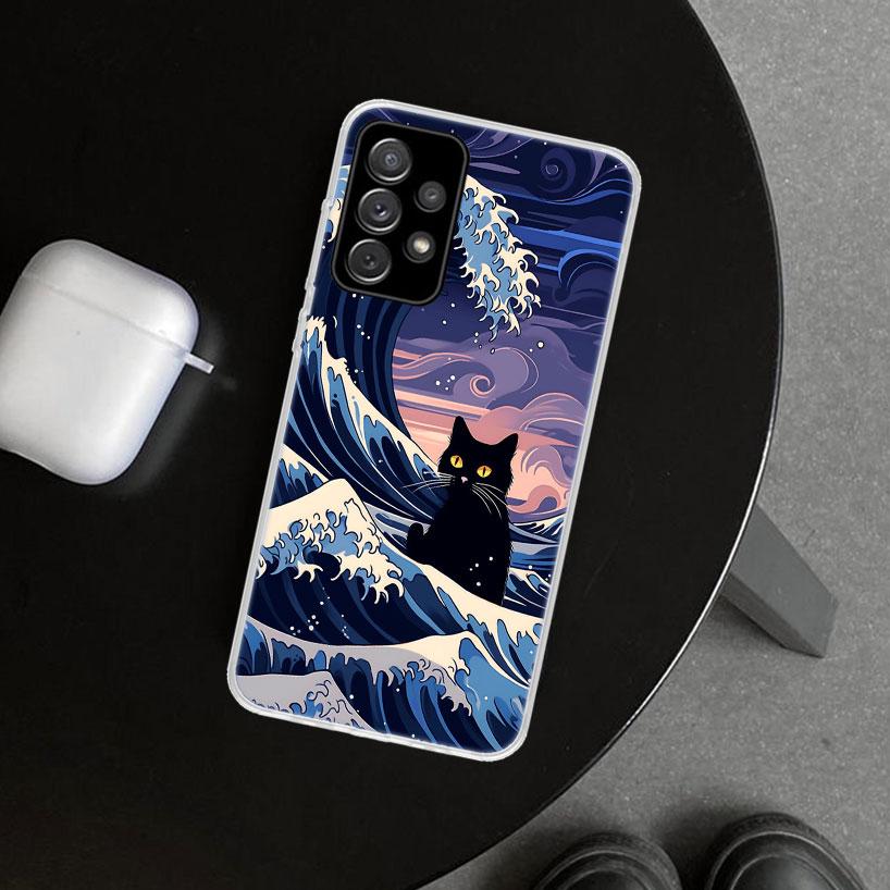 Anime Cat Sea Wave Aesthetic Phone Case for Samsung Galaxy A17 A16 A26 A36 A56 A57 A37 A15 A25 A35 A55 A14 A24 A34 A54 A13 A23 A
