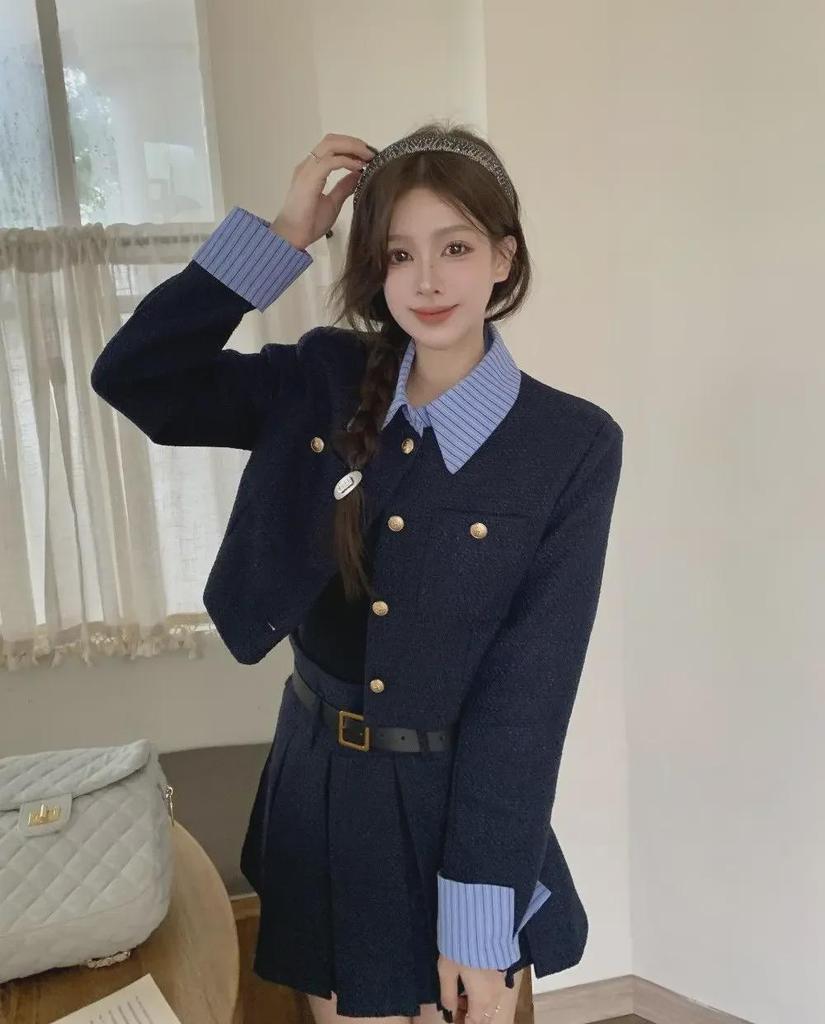 2024 Fall/Winter Women's Long-Sleeve Stitch Shirt Jacket & Pleated Skirt Set