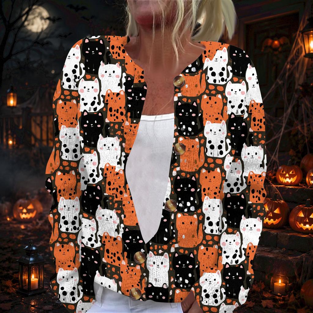 Damen Strickjacke mit langen Ärmeln und Halloween-Print, Knopfleiste vorne