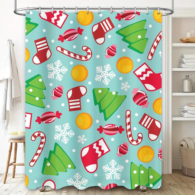 Tu Festive Holiday Shower Curtain Christmas Trees Snowflakes Candy Cane Pattern Waterproof Bathroom Decor Xmas Home Textile