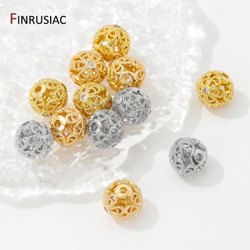 18K Gold Plated Brass 10mm Hollow Spacer Beads,Separators For Beads,Inlaid Zircon Round Beads For DIY Jewelry Making Findings