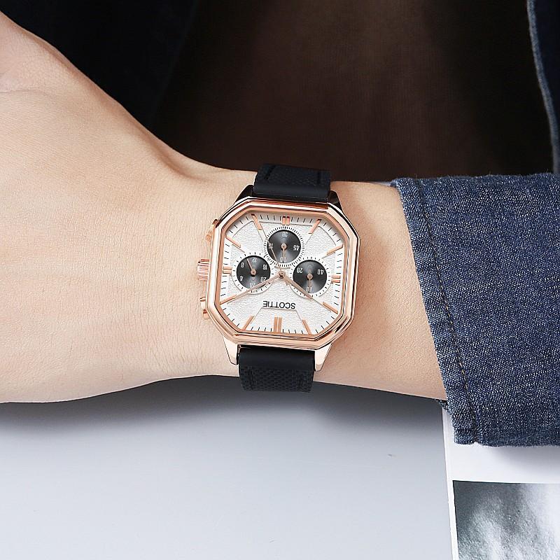 Fashion Large Dial Personalized Square Watch Men'S Belt Temperament Three-Eye Multi-Functional Trendy Men'S Watch