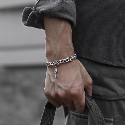 Pulseira Coreana de Prata S925 Retrô com Padrão de Videira e Estrela Cruz