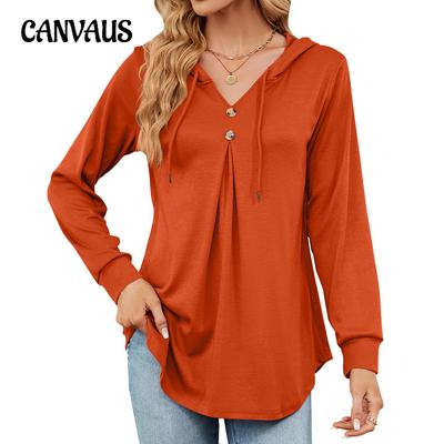 Autumn and Winter Women's Blouse V-neck Solid Color Button Drawstring Loose Long-sleeved T-shirt