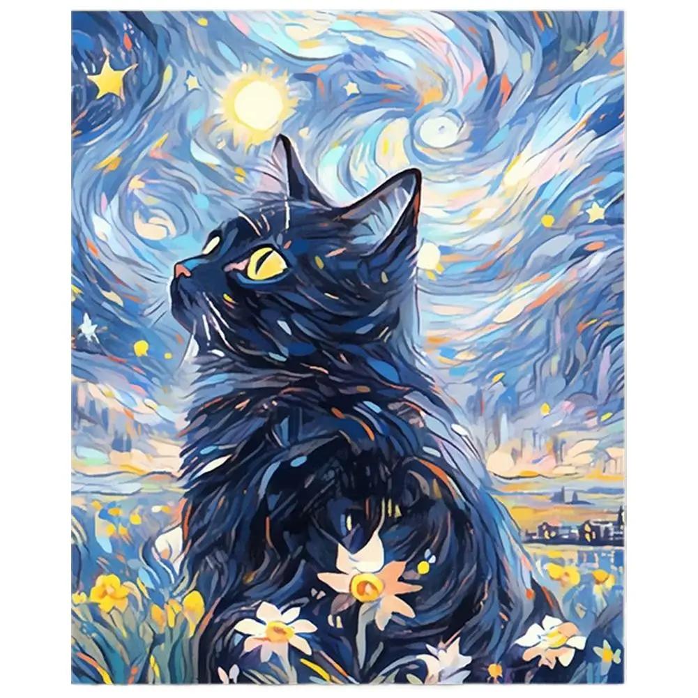Paint By Numbers Kit For Adults Beginner Black Cat Acrylic Starry Sky Oil Paint Canvas With Brushes Paintwork Art Crafts V3Z5