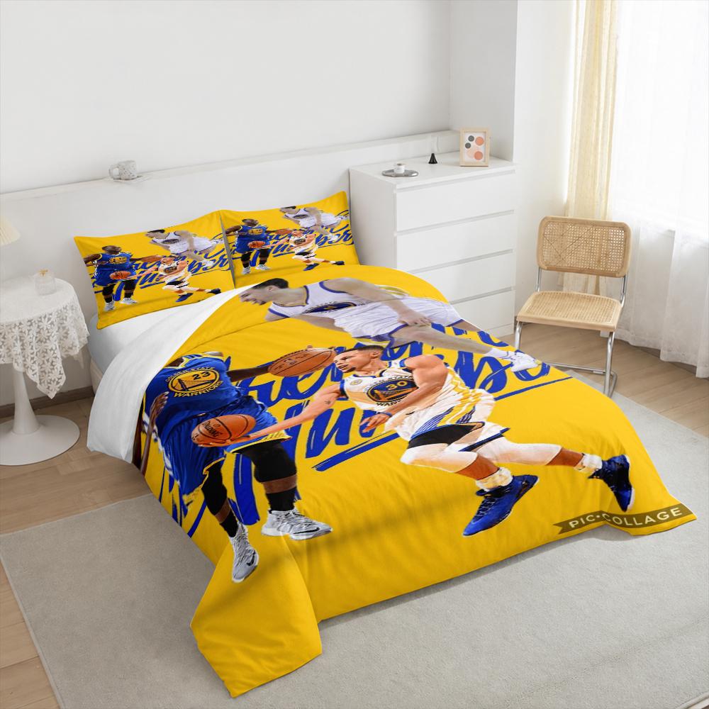 3 Piece Bedding Set with Duvet Cover and 2 Pillowcases - Golden State Warriors Curry Thompson Green Print - Yellow Blue Trio Decor