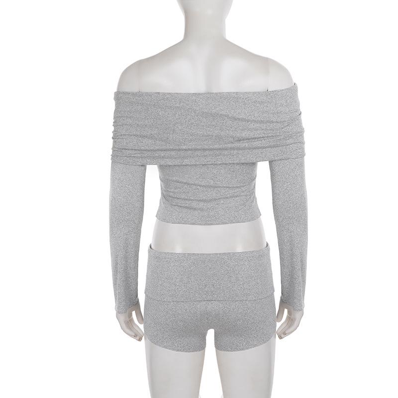 Women's Solid Color One-Shoulder Lapel Casual Suit: Long Sleeve Top + Shorts