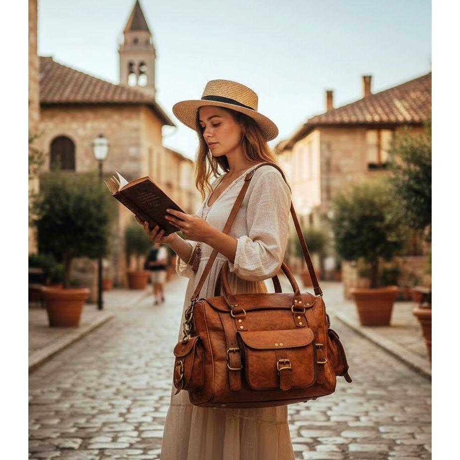 Vintage Leather Crossbody Duffle Bag for Women – Small Shoulder Satchel, Travel Purse, Office Handbag, Handmade Brown Tote