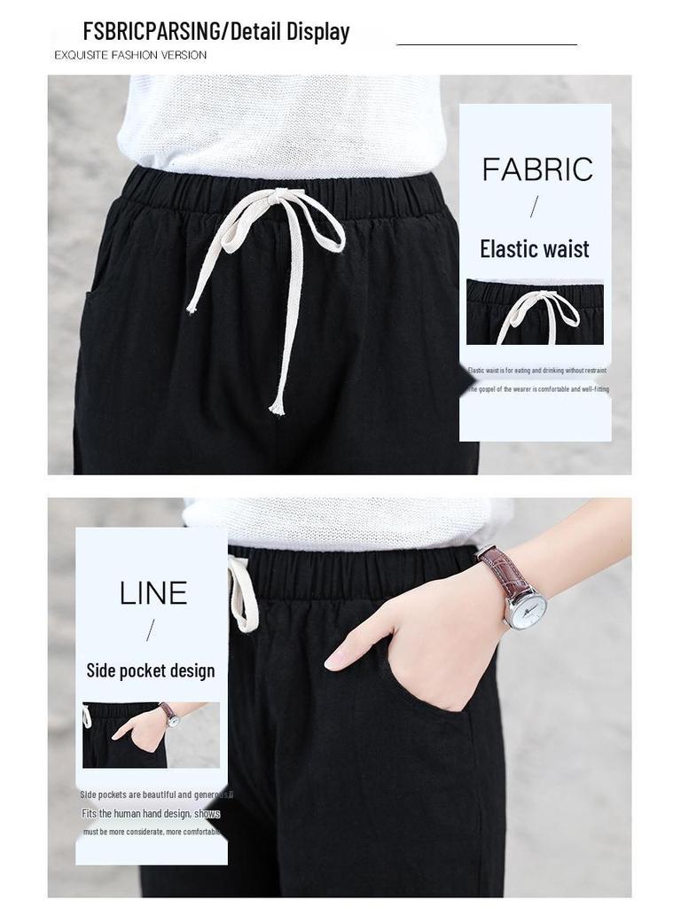 Damen Baumwollleinen Haremshose - Frühling/Herbst, Casual, Leicht, Petite, Gekürzt, Sieben/Achtel-Länge.