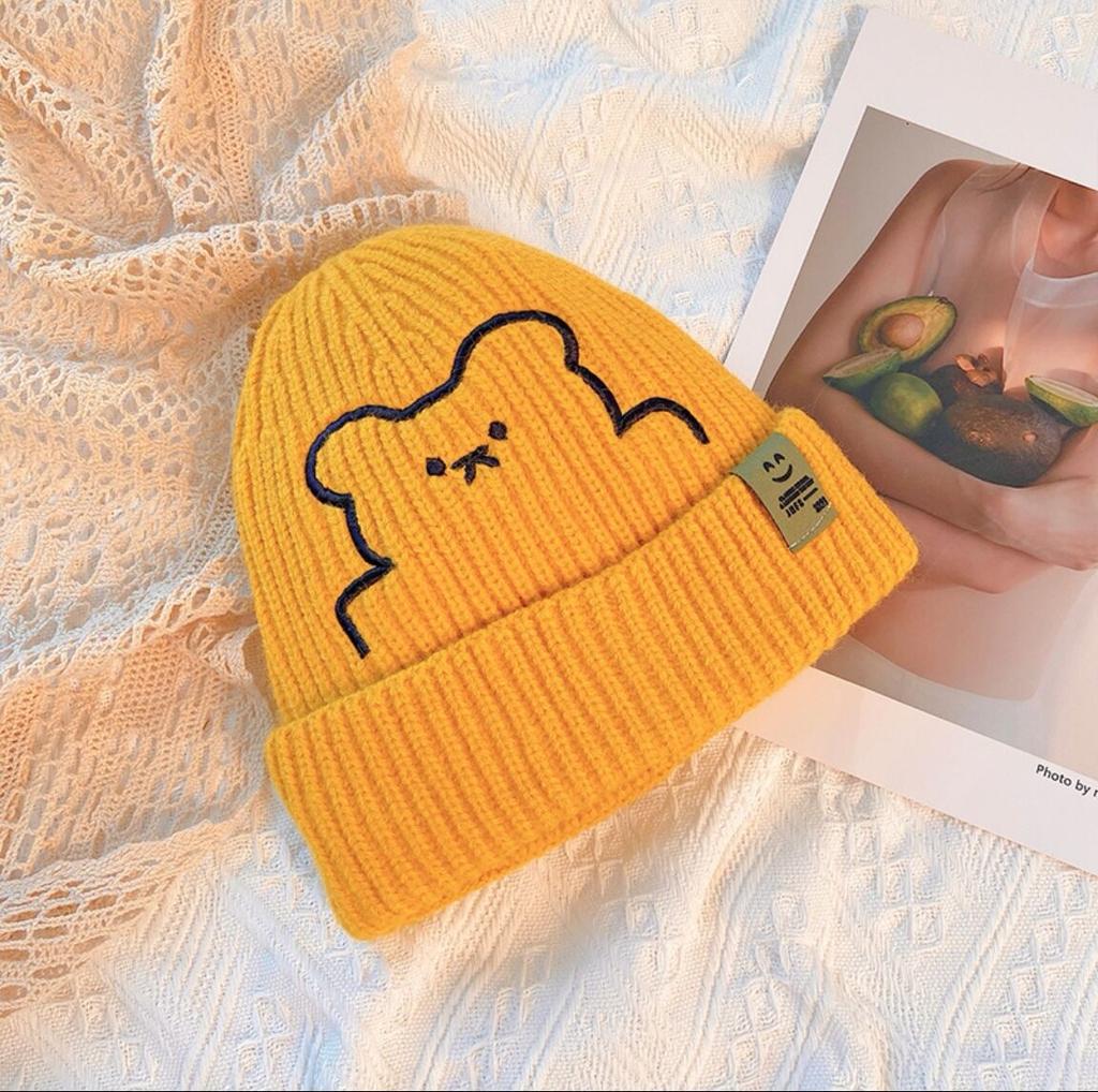 Winter New Bear Embroidery Cartoon Wool Hat Ins Versatile Warm Fashion Pullover Cold Hat Knitted Hat Children