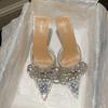 Fashion Women Crystal Bow -Knot Slippers Brand Pointed Toe Slip On Mules White Thin High Heels Outdoo Dress Wedding Shoes