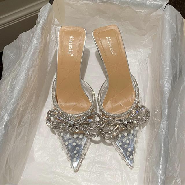 Fashion Women Crystal Bow -Knot Slippers Brand Pointed Toe Slip On Mules White Thin High Heels Outdoo Dress Wedding Shoes