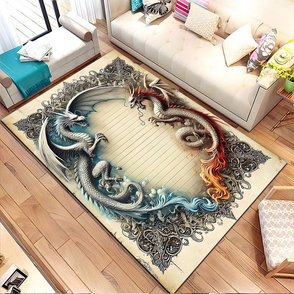 "Dual Dragon Battle Design" Patterned carpet, non slip mat suitable for living room and bedroom sofas