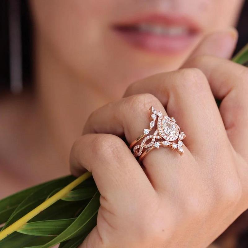 Temperament Water Drop Combination Three-Piece Marquise Zirconia Ring