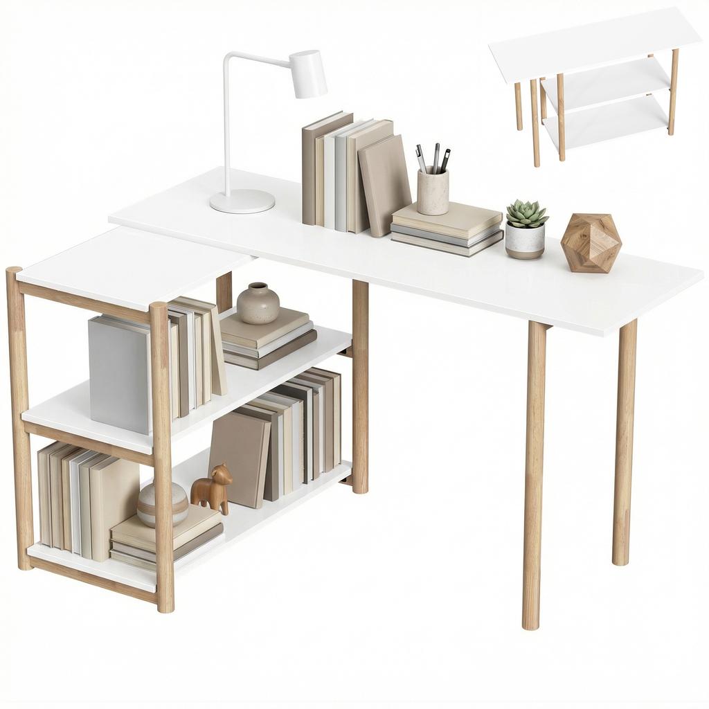 Folding Desk, Computer Desk, Storage Shelves, Bamboo Frame, White and Oak