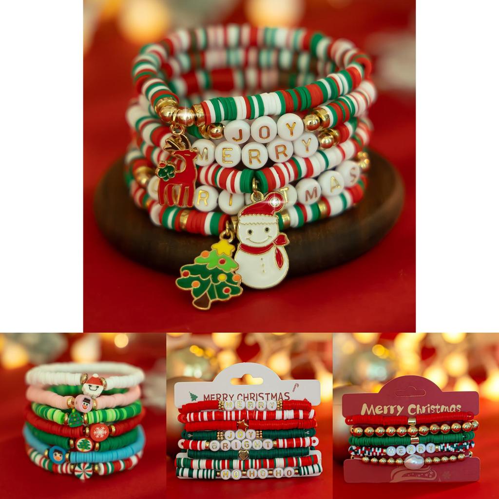 Christmas Letter Beaded Bracelet Set With Geometric Resin Handcrafted Design For Women